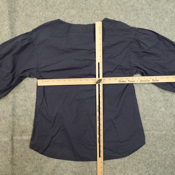 Anthropologie Top Womens Small Tie Neck Navy Blue HD in Paris 3/4 Balloon Sleeve - Picture 8 of 11